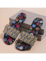 Floral Rhinestone Shiny Slippers