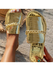 Crocodile Print Metal Chain Flat Heel Slippers