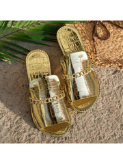 Crocodile Print Metal Chain Flat Heel Slippers