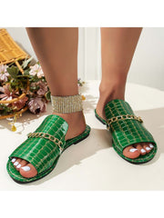 Crocodile Print Metal Chain Flat Heel Slippers