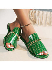 Crocodile Print Metal Chain Flat Heel Slippers