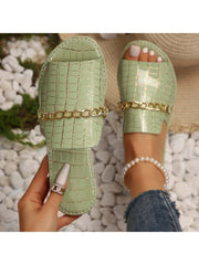 Crocodile Print Metal Chain Flat Heel Slippers