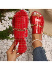 Crocodile Print Metal Chain Flat Heel Slippers