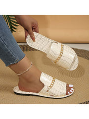 Crocodile Print Metal Chain Flat Heel Slippers