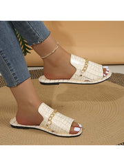 Crocodile Print Metal Chain Flat Heel Slippers