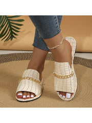 Crocodile Print Metal Chain Flat Heel Slippers