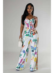 Colorblock Lace Up Tank Wide Leg Pant Sets