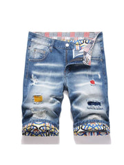 Ripped Colorblock Men's Denim Short Pants