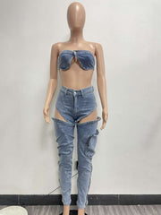 Washed Denim Tube Cutouts Cargo Jeans Sets