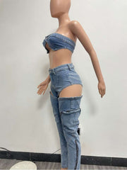 Washed Denim Tube Cutouts Cargo Jeans Sets