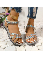 Contrast Color Geometric Pattern Flat Heel Sandals