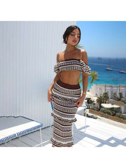 Knitting Striped Cropped Ruffle Skirt Sets