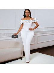 Patchwork Ruffle Off Shoulder Wide Leg Jumpsuits