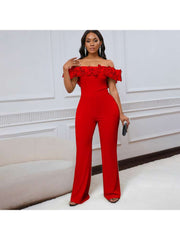 Patchwork Ruffle Off Shoulder Wide Leg Jumpsuits