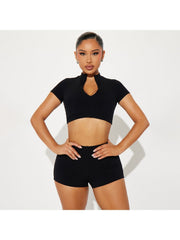 Plain Color Zipper Cropped Short Sets