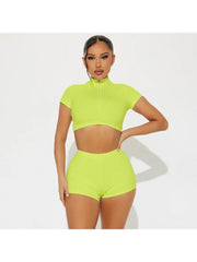 Plain Color Zipper Cropped Short Sets