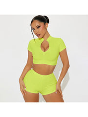 Plain Color Zipper Cropped Short Sets