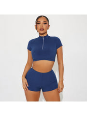 Plain Color Zipper Cropped Short Sets