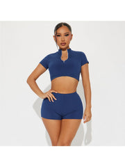 Plain Color Zipper Cropped Short Sets