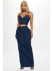 Denim V Neck Smocking Tank Skirt Sets