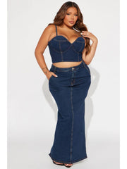 Denim V Neck Smocking Tank Skirt Sets