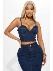 Denim V Neck Smocking Tank Skirt Sets