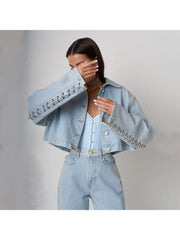 Patchwork Long Sleeve Single Breasted Denim Pant Set