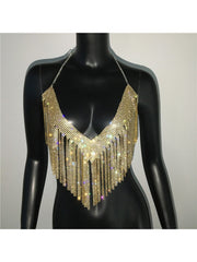 Rhinestone Fringe Backless Design Tops