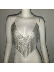 Rhinestone Fringe Backless Design Tops