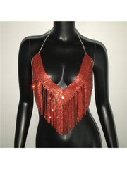 Rhinestone Fringe Backless Design Tops