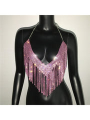 Rhinestone Fringe Backless Design Tops