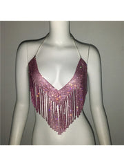 Rhinestone Fringe Backless Design Tops