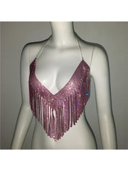 Rhinestone Fringe Backless Design Tops