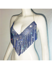 Rhinestone Fringe Backless Design Tops