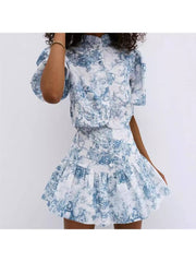 Print Stand Collar Single Breasted Skirt Sets