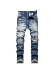 Letter Embroidery Ripped Denim Men's Jeans