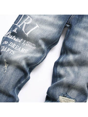 Letter Embroidery Ripped Denim Men's Jeans