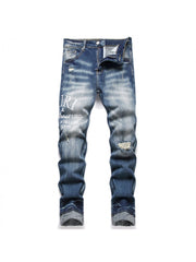 Letter Embroidery Ripped Denim Men's Jeans