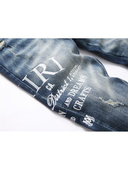 Letter Embroidery Ripped Denim Men's Jeans