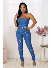 Paint Point Denim Strapless Fitted Jumpsuits