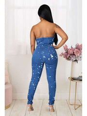 Paint Point Denim Strapless Fitted Jumpsuits