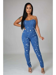 Paint Point Denim Strapless Fitted Jumpsuits