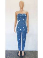 Paint Point Denim Strapless Fitted Jumpsuits