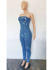 Paint Point Denim Strapless Fitted Jumpsuits