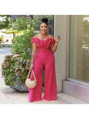 Patchwork Ruffle Off Shoulder Wide Leg Jumpsuits