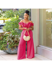 Patchwork Ruffle Off Shoulder Wide Leg Jumpsuits