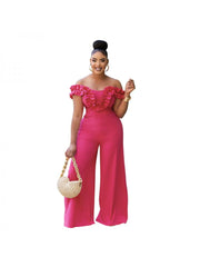 Patchwork Ruffle Off Shoulder Wide Leg Jumpsuits