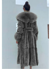 Fluff Lace Up Waist Tie Faux Fur Stylish Long Coat