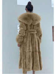 Fluff Lace Up Waist Tie Faux Fur Stylish Long Coat