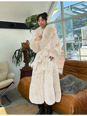 Fluff Lace Up Waist Tie Faux Fur Stylish Long Coat